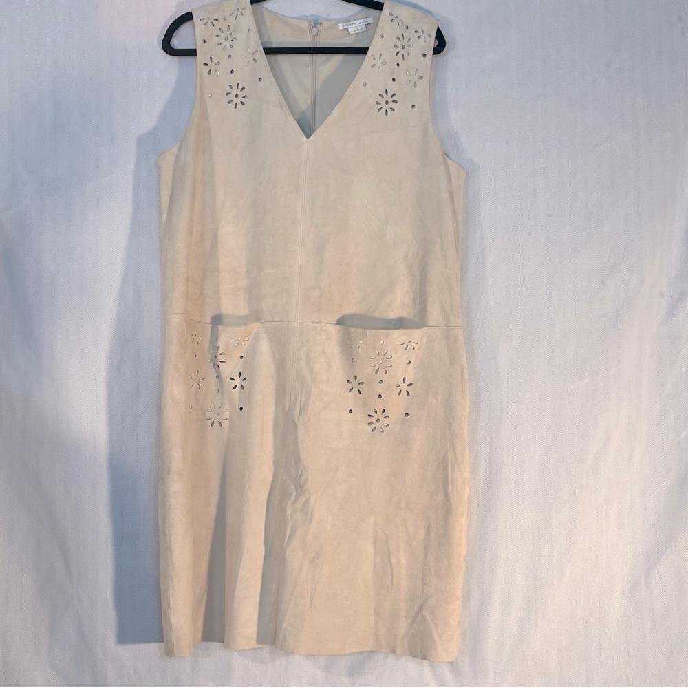 Worth New York Dress Beige Soft Leather Jumper V Neckline Sleeveless 10 👍